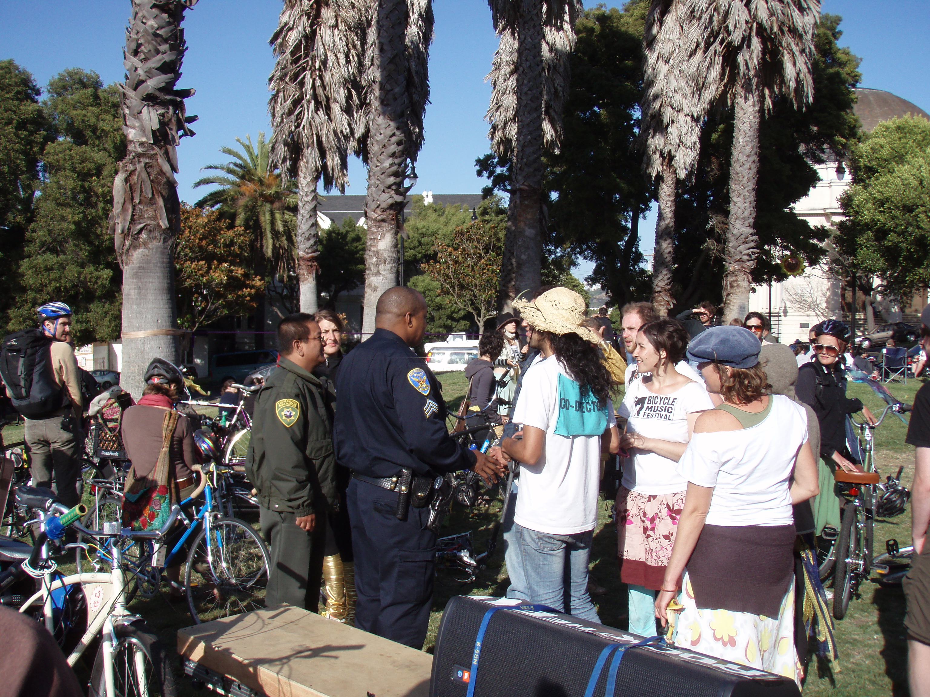 As soon as they tried to setup in the park, the police tried to shut it down.  Luckily they were able to get permission to use the movie night's permit and eventually played.