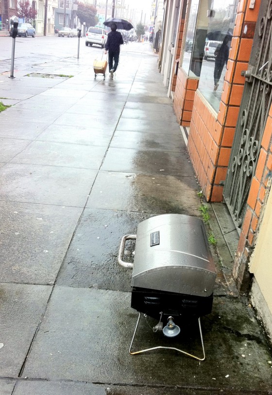 barbeque, rain, mission district, san francisco, 19th street, found objects