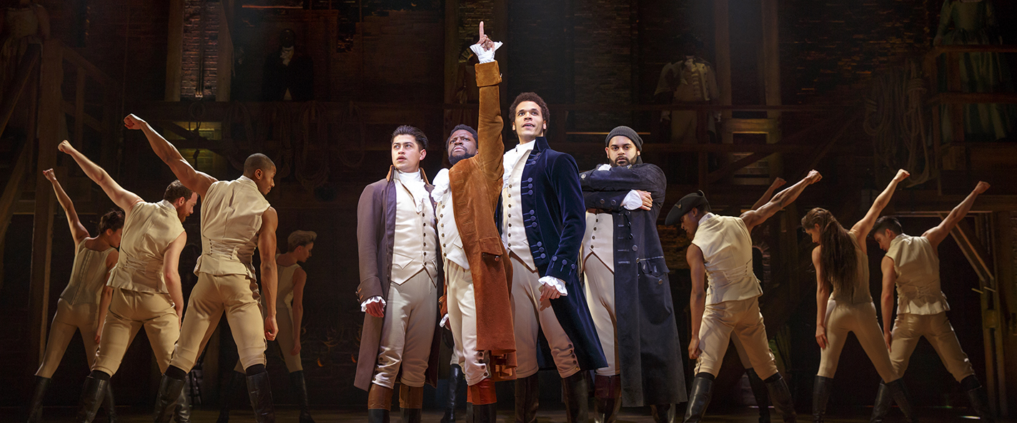 Ruben J. Carbajal as Laurens, Michael Luwoye as Hamilton, Jordan Donica as Lafayette, Mathenee Treco as Hercules Mulligan & the Hamilton Company - photo by Joan Marcus
